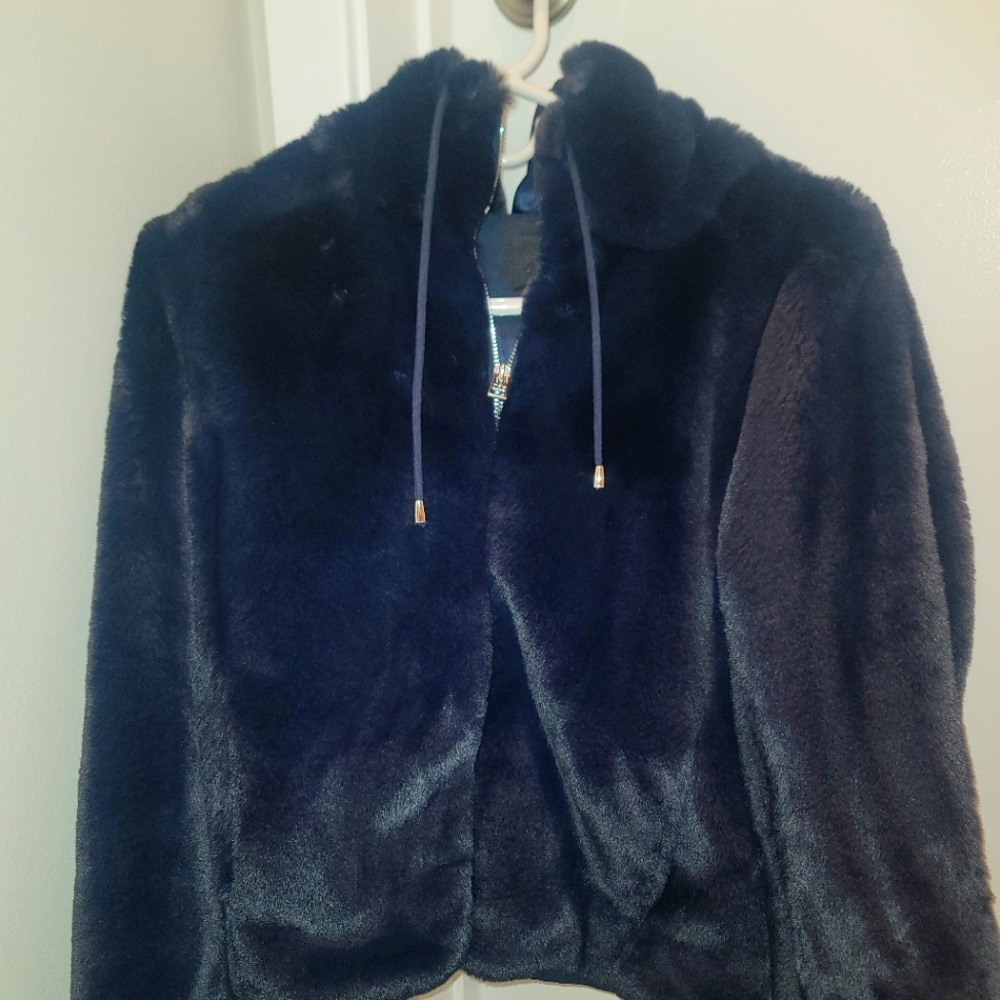 Maje faux fur blue bomber jacket